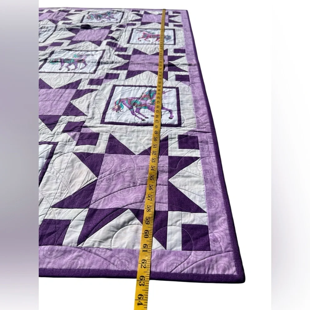 Magical Unicorn 63” Square Whimsical Purple Handmade Quilt Blanket Fantasy Decor